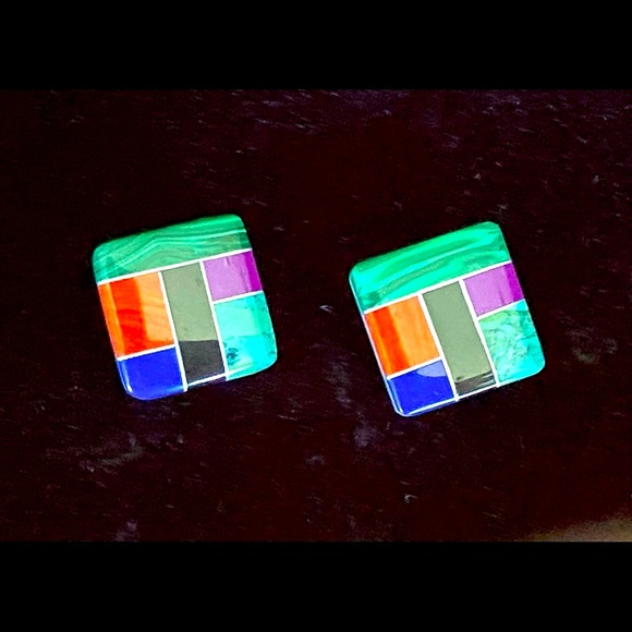 Native American Earrings, Semi-precious Gemstone Inlay & SS 1” Square, New Excel - Picture 2 of 8